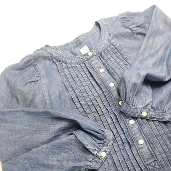 Gap pleated buttoned puff sleeve denim women's shirt Size S - Picture 4 of 11